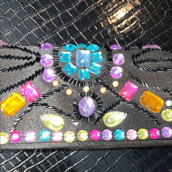 💎 Multi-Color Gemstone & Artisan Beaded Black Satin Evening Clutch 💎 - Picture 3 of 13